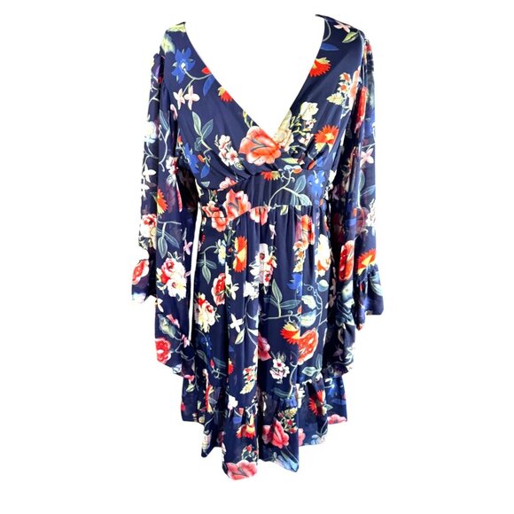 Betsey Johnson Dresses & Skirts - Betsey Johnson Floral Navy Wrap Dress W/ Ruffle Sleeves & Tie Back